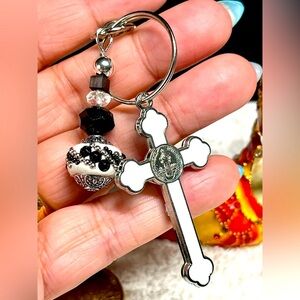 Roman Catholic cross and beaded keychain purse dangle